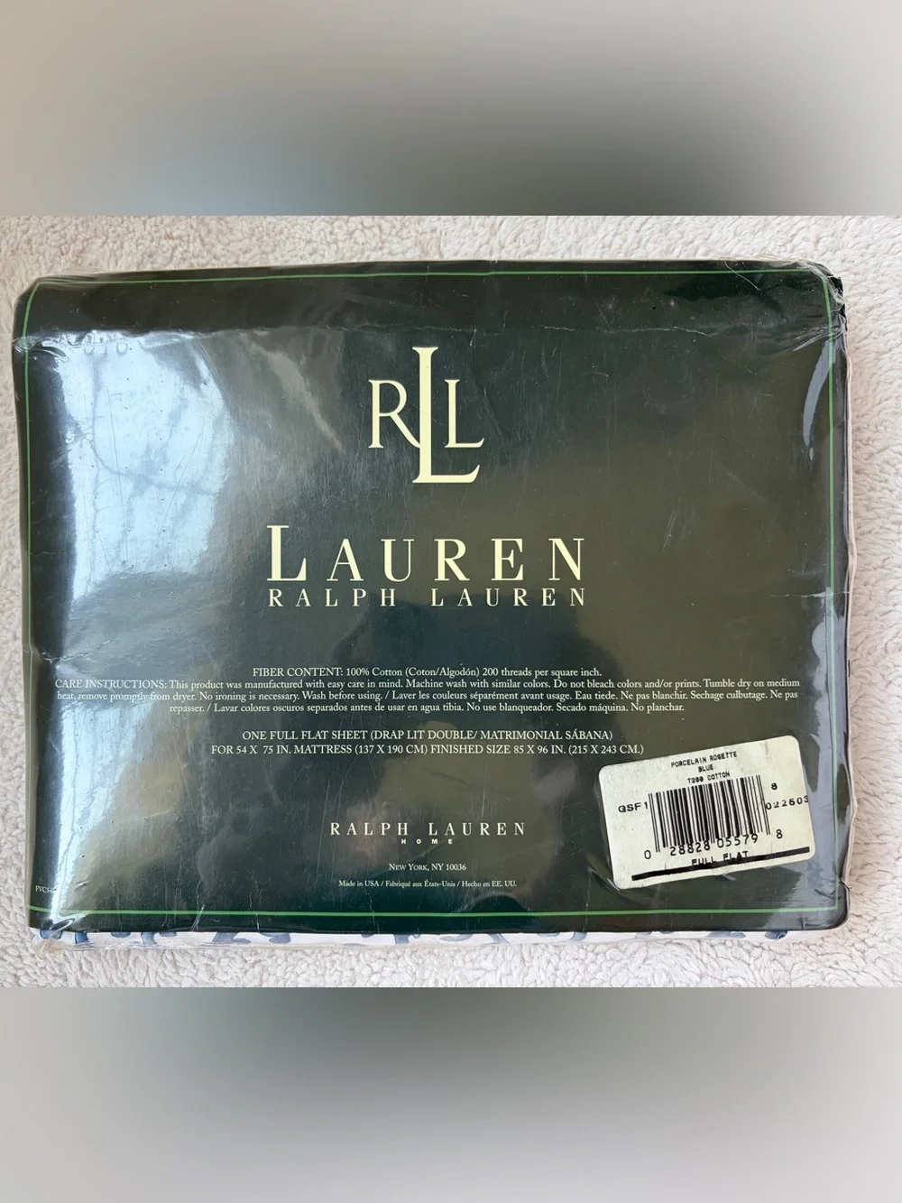New Vintage Lauren Ralph Lauren Porcelain Rosette Full Flat Sheet Blue Country